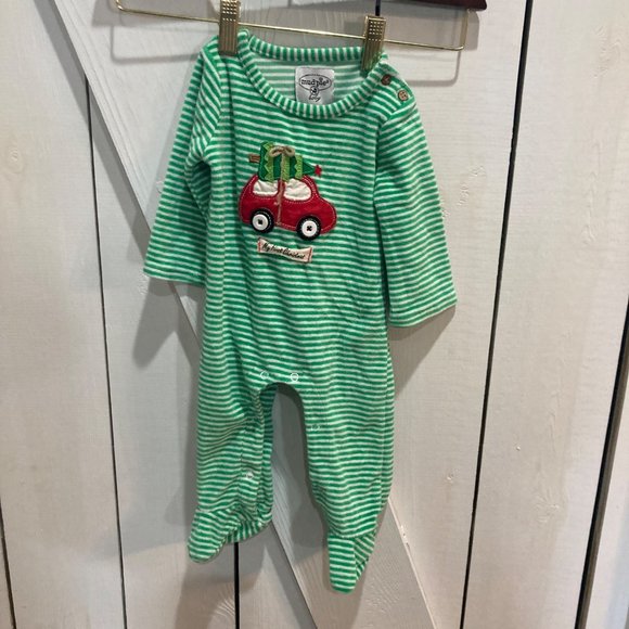 Mudpie Christmas striped green red truck pajamas 0-6 months - Picture 1 of 11